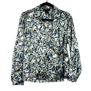 Bailey 44 Green Blue Starburst Print Wrap Blouse Women’s L Luxury Satin Shirt